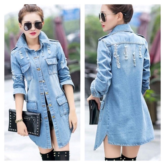 Christine Boutique Jackets & Blazers - Hole Worn Denim Slim Women's Trench Coats